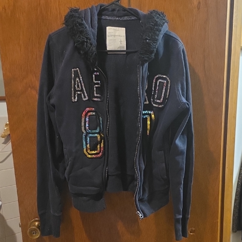 Aeropostale Black Varsity Jacket with Multicolor Embroidery